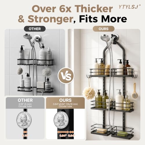 3-Tier Hanging Shower Caddy, Stainless Steel with Dual Clamp, Matte Black | Heavy-duty stainless steel, adjustable shelves for large families, Rustproof, tool-free install, Fits handheld showerheads - color: 3 Tier-Black