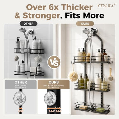 3-Tier Hanging Shower Caddy, Stainless Steel with Dual Clamp, Matte Black | Heavy-duty stainless steel, adjustable shelves for large families, Rustproof, tool-free install, Fits handheld showerheads - color: 3 Tier-Black