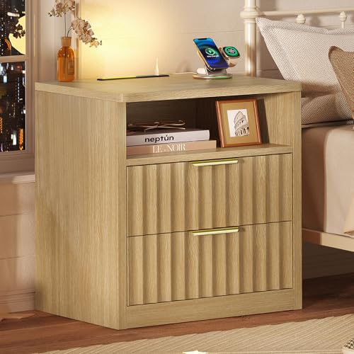 Fluted Nightstands Set of 2, Night Stand with Charging Station and LED Light, Storage Drawer and Open Shelf, Modern Bedside Table for Small Space, for Bedroom, Natural - color: Unbzx024rd2-zf