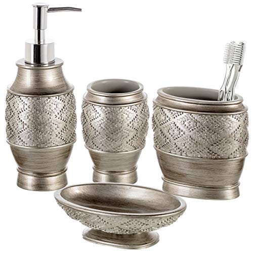 Creative Scents Dublin Silver 4 Piece Bathroom Accessory Set | Includes Soap Dispenser, Toothbrush Holder, Tumbler Cup & Soap Dish - style: 4 Piece Set