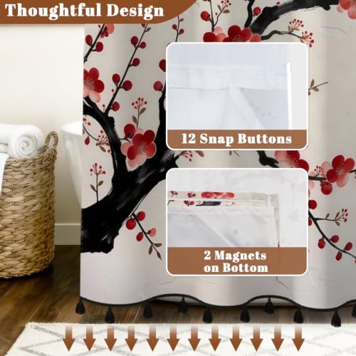Plum Blossom Shower Curtain with Snap in Liner & Tassels, 71Wx77L | No Hook Needed, Double Layer Waterproof Fabric with Mesh Top, Flowering Tree Design for Minimalist & Zen Inspired Bathroom - color: Red Plum Blossom