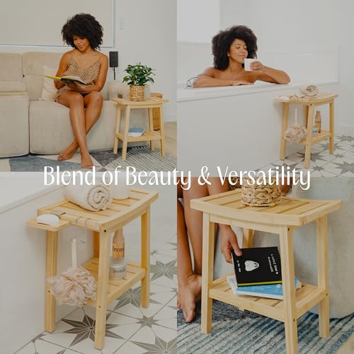 Bamboo Shower Bench for Inside Shower – Waterproof Bathroom Spa Seat with Shelf, Hooks & Soap Tray – Wood Shower Stool for Shaving, Sauna, or Small Bathroom – Natural