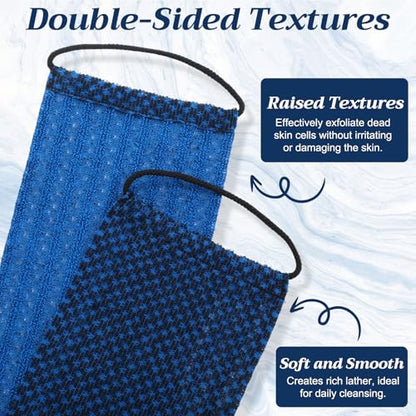 Chumia 3 Pcs Japanese Exfoliating Washcloth Towel with Handle Dual-Textured Back Scrubber for Shower Gentle Exfoliation Deep Cleanse Exfoliate Loofah Luffa Sponge Exfoliator for Women Men Bath Shower - color: Blue
