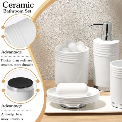 RQYIXI Bathroom Accessories Set 4 Pieces Ceramic Bathroom Accessory with Metal Base Set Contain Soap Dispenser Cotton Swab Jar Toothbrush Cup Soap Dish - color: White Metal Base