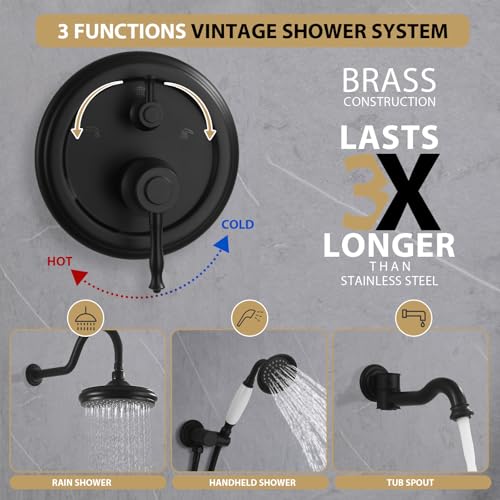 Shower Systems with Handheld Sprayer,3 Functions Shower Faucet Sets Wall Mounted,Shower Fixture with Brass Valve,Complete Shower System Kit with Foldable Tub Spout (Matte Black) - color: Matte Black
