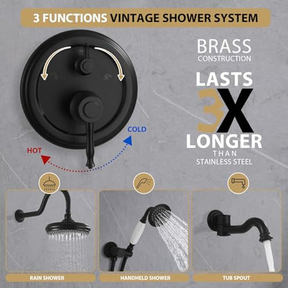 Shower Systems with Handheld Sprayer,3 Functions Shower Faucet Sets Wall Mounted,Shower Fixture with Brass Valve,Complete Shower System Kit with Foldable Tub Spout (Matte Black) - color: Matte Black