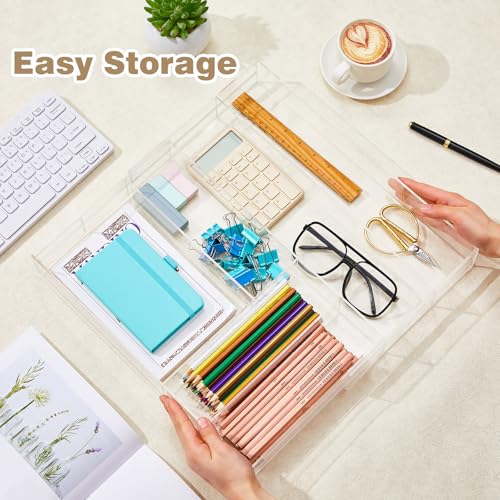 Briwooody 2 Pcs Acrylic Drawer Organizer 9'' up to 18'' x 15'' x 2'' Expandable Drawer Organizer Pens Notebook Ruler Makeup Tray with 7 Adjustable Compartments for Desk Office Kitchen Bathroom(Clear) - size: 18 x 15 x 2inch