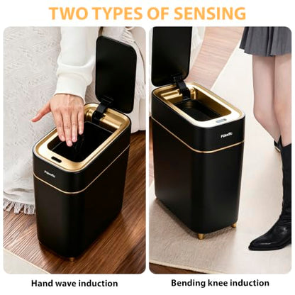 Pukomc Motion Sensor Wastebasket,2.3 Gallon Bathroom Trash can with lid | Touchless Smart Plastic Slim Wastebasket,Quiet Close Waste Bin for Bathroom,Office,RV,Bedroom,Living Room - color: Black