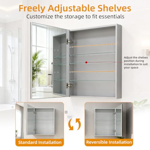 24"x 32"Bathroom Medicine Cabinet,Double-Sided Mirror Door | Silver Aluminium Frame,Lightweight,Sturdy and Attractive,Simple Wall-Mounted,Adjustable Shelves,Tempered Glass - size: 24"x 32"