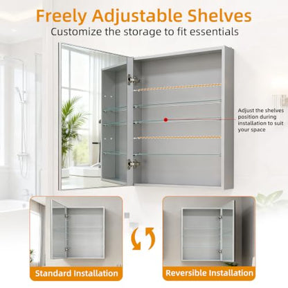 24"x 32"Bathroom Medicine Cabinet,Double-Sided Mirror Door | Silver Aluminium Frame,Lightweight,Sturdy and Attractive,Simple Wall-Mounted,Adjustable Shelves,Tempered Glass - size: 24"x 32"