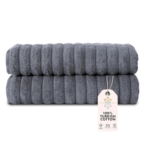Classic Turkish Towels Luxury Ribbed 2 Piece Bath Towel Set - 100% Turkish Cotton Absorbent, Quick-Dry, Premium Towels for Bathroom, 27x54 inches (Grey) - color: Grey, size: Bath Towel - Set of 2