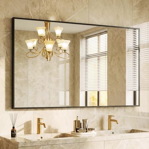 DUMOS Bathroom Mirror for Over Sink, 48"x30" Rectangle Wall Mount Mirror | Modern Vanity Mirrors with Tempered Glass and Metal Frame, Anti-Rust, Horizontal or Vertical for Home Decor, Black - color: Black-right Angle, size: 48"L x 30"W