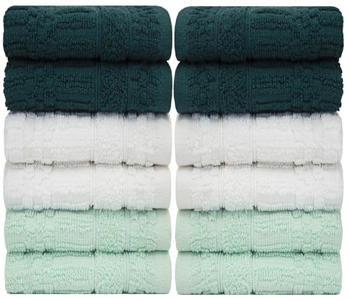 PH Pleasant Home Diamond Wash Cloths Set - 12 Pack (12” x 12”) – 509 GSM - 100% Ring Spun Cotton Wash Cloth - Super Soft and Highly Absorbent Face Towels (Green, White & Mint) - color: Green, White & Mint, style: Diamond