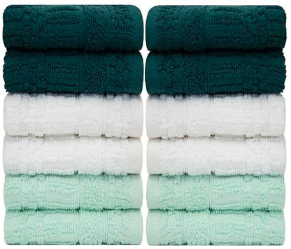 PH Pleasant Home Diamond Wash Cloths Set - 12 Pack (12” x 12”) – 509 GSM - 100% Ring Spun Cotton Wash Cloth - Super Soft and Highly Absorbent Face Towels (Green, White & Mint) - color: Green, White & Mint, style: Diamond