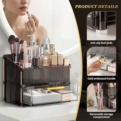 INVSSENE Stackable Makeup Organizer Countertop, Storage Perfume Skincare Cosmetic Lipstick Face Mask Makeup Brush Holder Palettes, Ideal for Vanity Bathroom Counter - color: 3514 Coffee+Clear