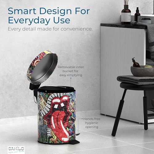 Sanilo Small Bathroom Trash Can with Lid [1.3 Gallon] - Lidded Tiny Trashcan for Garbage - Mini Metal Bin with Soft Closing Mechanism - Bath Room Accessoire Wastebin with Inner Bucket (Graffiti) - color: Graffiti
