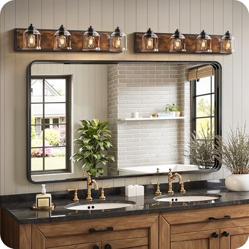 4-Light Bathroom Fixture, 31.5" Large Farmhouse Vanity Light, E26 Base (Bulbs Not Included), Thickened Glass Shade, for Bathroom, Bedroom, Vanity, Hallway, Rustic Brown and Black F18BD05 - size: 4-Light