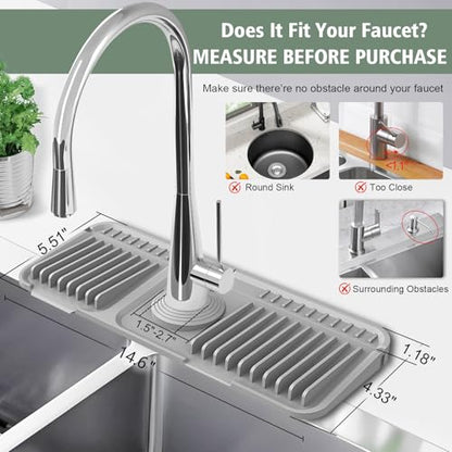 14.6-Inch Kitchen Sink Splash Guard Mat | 7° Slope for Fast Self-Draining | Snap-Lock Design | Universal & Cuttable Silicone Faucet Mat GRAY - color: Gray, size: 14.6" x 5.5"