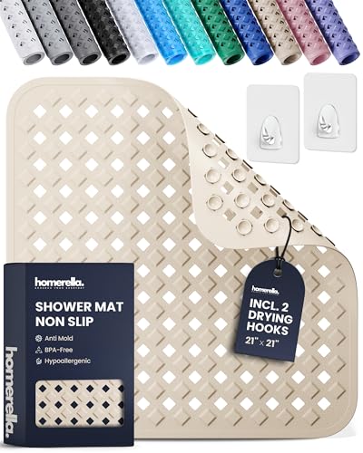 homerella Square Shower Mat Non Slip Anti Mold 21x21 Anti Slip Shower Mat | 100% BPA Free, Mildew Resistant, Machine Washable, Shower Mats for Inside Shower, Shower Floor Mat Mat Non Slip EU Certified - color: Sand