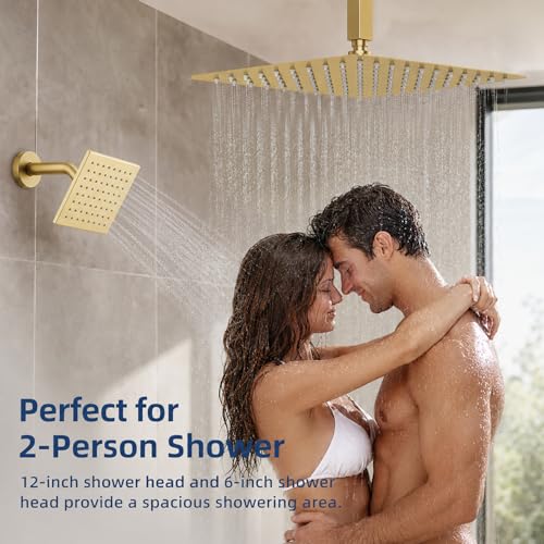 Thermostatic Dual Shower Head System, Brushed Gold Shower Faucet | 12 Inch Ceiling Rainfall Shower, 6 Inch Wall Mount Head, High Pressure Handheld Sprayer, Push Button Valve - color: Brushed Gold