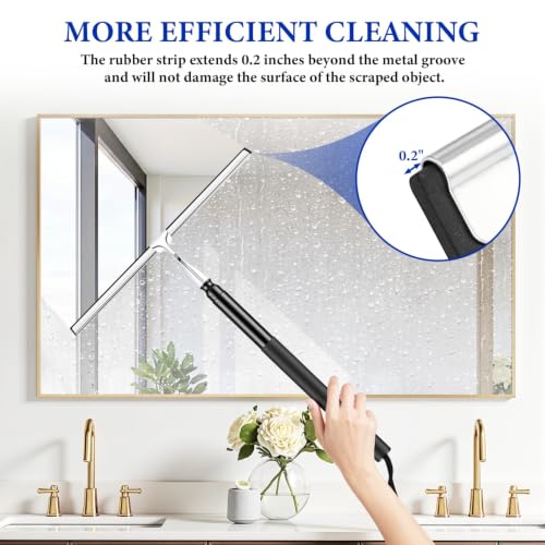 2-in-1 Window Shower Squeegee with Extension Pole for Glass Doors | Professional Window Cleaner Tool, 14" Wide Washing Equipment for High Outside Glass, Solar Panels, Shower, Car Windshield