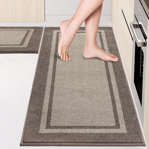 Kitchen Rugs Set (24" x 36"+24" x 60"), Non-Slip Machine Washable Kitchen Runner Rugs Floor Mats, Absorbent Comfort Standing Mats for Kitchen, Sink and Hallway, Rolled Packaging, Beige & Grayish Brown - color: Beige & Grayish Brown, size: 24" X 36"+ 24" X