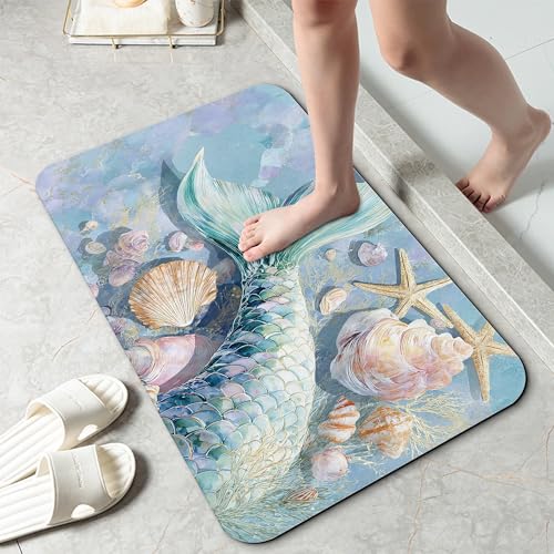 Bathroom Rug 29.5"x17",Mermaid Shell Bath Mat with Non-Slip Rubber Backing, Quick-Drying Absorbent Thin Floor Mat for Bathroom, Shower, Sink, or Kitchen - color: Mermaid Shell