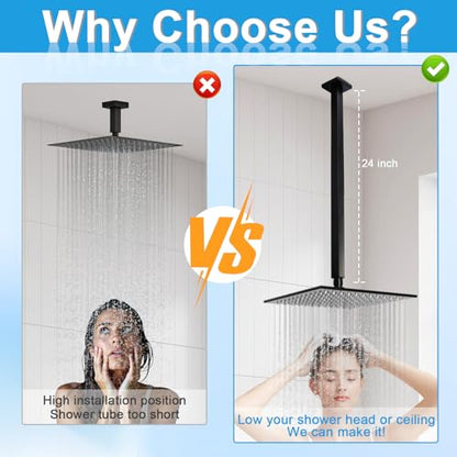 Shower Arm with Flange 24 Inches Ceiling Mount Square Straight Extender Extension Pipe Replacement, Extra Long Shower Arm For Fixed Rain Shower Head or High Ceiling, Matte Black - color: Black, style: 24inch
