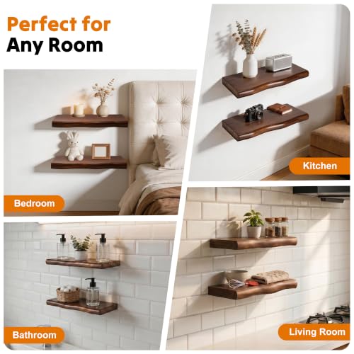 Solid Wood Live Edge Floating Shelves Set of 2 – 16" Rustic Wall Shelf with Hidden Bracket System, Wall Mounted Shelves for Bathroom, Kitchen, Living Room, Bedroom (Walnut) - color: Walnut, size: 16inch