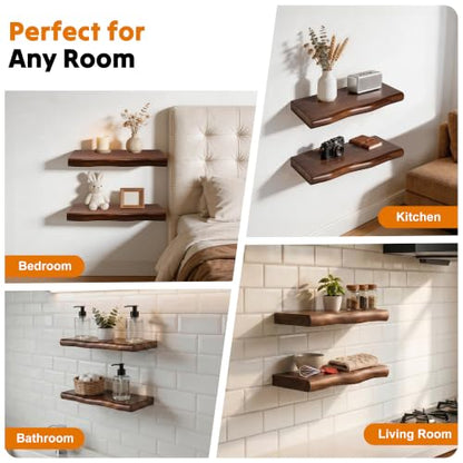 Solid Wood Live Edge Floating Shelves Set of 2 – 16" Rustic Wall Shelf with Hidden Bracket System, Wall Mounted Shelves for Bathroom, Kitchen, Living Room, Bedroom (Walnut) - color: Walnut, size: 16inch