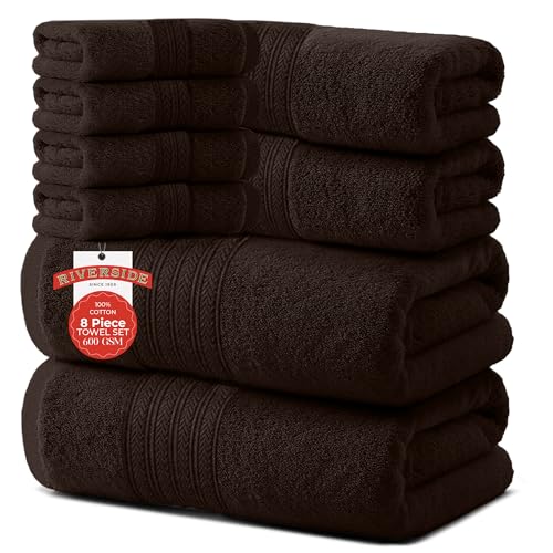 RIVERSIDE Pack of 8 Towels Set, 2 Large Bath, 2 Hand, 4 Face Washcloths, 100% Cotton Hotel Quality, Super Soft, Quick Dry, Highly Absorbent Perfect for Bathroom, Brown - color: Brown, size: Towel Set (PK 8)