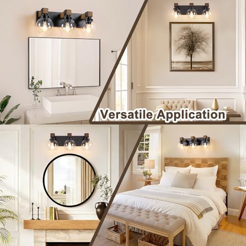 Farmhouse Bathroom Light Fixtures, 3-Light Rustic Wood Bathroom Lights Over Mirror with Glass Globe Shades, Matte Black Wall Mounted Lamp Vanity Lights for Bathroom Bedroom Living Room Cabinet - size: 3-Light