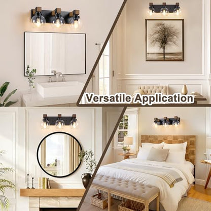 Farmhouse Bathroom Light Fixtures, 3-Light Rustic Wood Bathroom Lights Over Mirror with Glass Globe Shades, Matte Black Wall Mounted Lamp Vanity Lights for Bathroom Bedroom Living Room Cabinet - size: 3-Light