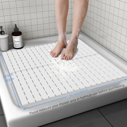 Shower Mat Non-Slip Bath Mat for Tub and Shower Stall,200+ Suction Cups with Drain Holes, Quick Dry Machine Washable, Extra Grip for Stand Up Showers, Bathroom Essentials 24x24 Inch (White) - color: White