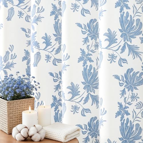Colorful Star Blue Floral Cotton Cottage Shower Curtain, 72" W x 72" L | Boho Farmhouse Shower Curtain Set for Bathroom, Vintage Country Bathroom Decor with Clear Hooks - color: Blue, size: 72"W x 72"L (Pack of 1)