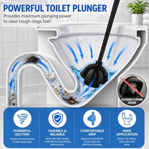 2-in-1 Toilet Bowl Brush and Plunger Set - Toilet Plunger Brush Set for Bathroom - Heavy Duty Rubber Plunger and Durable Toilet Brush, Compact Bathroom Cleaning Set for Home, Apartment (Black)