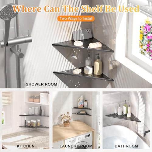 Corner Shower Shelves 2-Pcs, 10” Rustproof 304 Stainless Steel Shower Corner Shelf with Razor Holder, Recessed Bathroom Shower Shelf for Tiled Wall