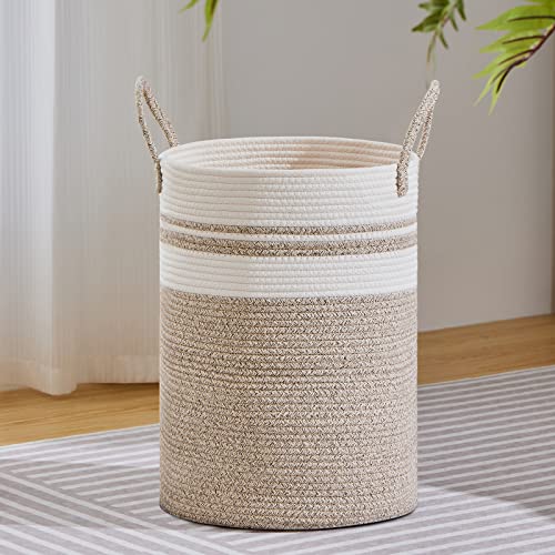 VIPOSCO 58L Tall Woven Laundry Basket Hamper, Brown White | Cotton rope laundry hamper, collapsible wicker basket, storage for blanket, toys, dirty clothes, for bedroom, bathroom - color: Brown & White, size: 58L