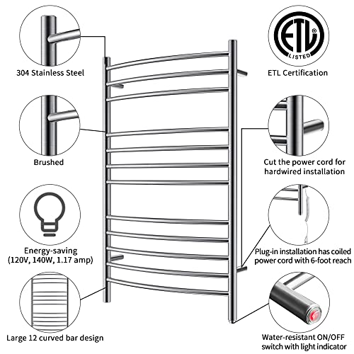 Towel Warmer, Heated Towel Rack, Plug-in/Hardwired, Brushed | 304 Stainless Steel Wall-Mounted Towel Warmer With Plug-In Or Hardwired Installation And Brushed Finish - color: Brushed