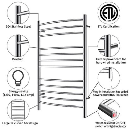 Towel Warmer, Heated Towel Rack, Plug-in/Hardwired, Brushed | 304 Stainless Steel Wall-Mounted Towel Warmer With Plug-In Or Hardwired Installation And Brushed Finish - color: Brushed
