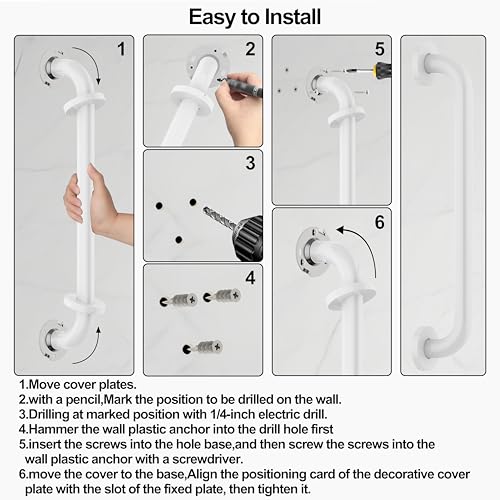 16 Inch Grab Bar 304 Stainless Steel Anti-Slip Bathroom Safety Handrail Wall Mount Assist Grip for Elderly Handicap Bathtub Shower Toilet, GB-4023-WH, White - color: White