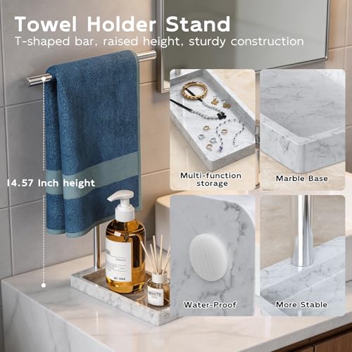 Volnamal 2-in-1 T-Shape Hand Towel Holder for Bathroom Countertop, Silver | Heavy Non-Tipping Towel Holder with Countertop Tray, Extended-Heigher Towel Stand for Standard, Rust-resistance & Durability