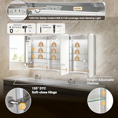 72x30 LED Medicine Cabinet Mirror with Double Lights-Front & Backlit, 155°Soft-close Hinge, Surface or Recessed Dimmable Lighted Medicine Cabinet Mirror with Clock Outlet Inner Light,Anti-fog - size: 72x30'' (Cabinet)