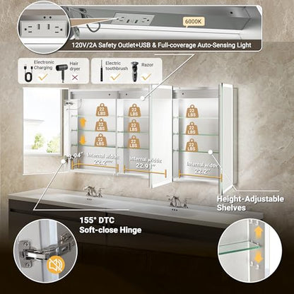 72x30 LED Medicine Cabinet Mirror with Double Lights-Front & Backlit, 155°Soft-close Hinge, Surface or Recessed Dimmable Lighted Medicine Cabinet Mirror with Clock Outlet Inner Light,Anti-fog - size: 72x30'' (Cabinet)
