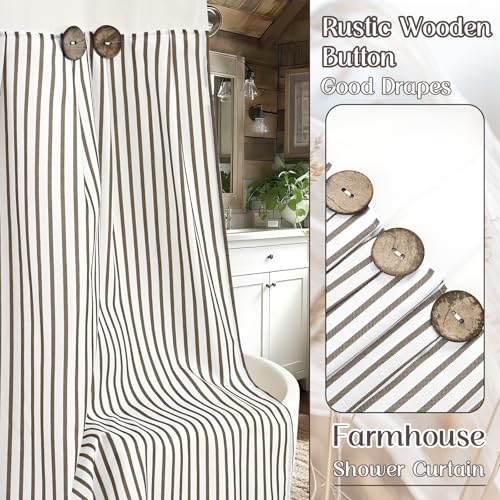 ASPMIZ Farmhouse Striped Shower Curtain and Liner Set No Hook, Brown 71x74 | No Hook Shower Curtain with Snap in Liner Fabric, Rustic Washable Waterproof Bathroom Curtains with Button, Mesh Top Window - color: Brown Striped, size: 71"W x 74"L (Pack of 1),