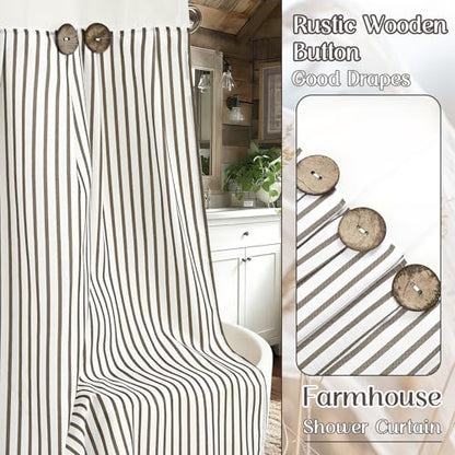 ASPMIZ Farmhouse Striped Shower Curtain and Liner Set No Hook, Brown 71x74 | No Hook Shower Curtain with Snap in Liner Fabric, Rustic Washable Waterproof Bathroom Curtains with Button, Mesh Top Window - color: Brown Striped, size: 71"W x 74"L (Pack of 1),