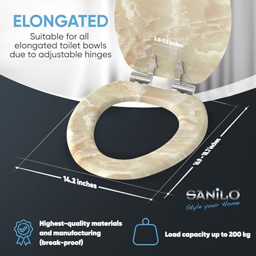 SANILO Wooden Toilet Seat with Soft Close [ELONGATED] - Decorative, Quiet & Slow Close Molded Wood Seat - With Strong Bumpers & Hinges - Adjustable Fit - Marble Nature - color: Marble Nature