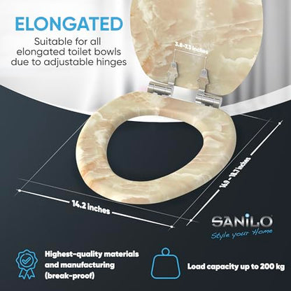 SANILO Wooden Toilet Seat with Soft Close [ELONGATED] - Decorative, Quiet & Slow Close Molded Wood Seat - With Strong Bumpers & Hinges - Adjustable Fit - Marble Nature - color: Marble Nature