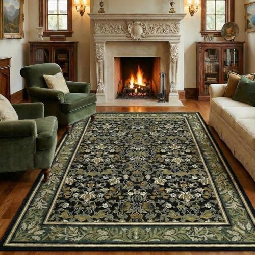 GarveeHome 8x10 Washable Area Rugs for Living Room, Boho Vintage Large Rug for Bedroom Soft Non Slip Low Pile Indoor Stain Resistance Throw Carpet for Dining Room Office Green Black - color: Green Black, size: 8' x 10' (Rectangular)
