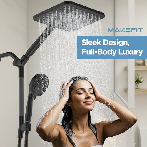 Dual Handheld Shower Head Combo, 2-in-1 Rain Shower Heads System Wide Rainfall Shower Head and 10 Modes High Pressure Hand Held Showerhead with Built-in Power Wash - color: Matte Black, size: 10 Inch Standard